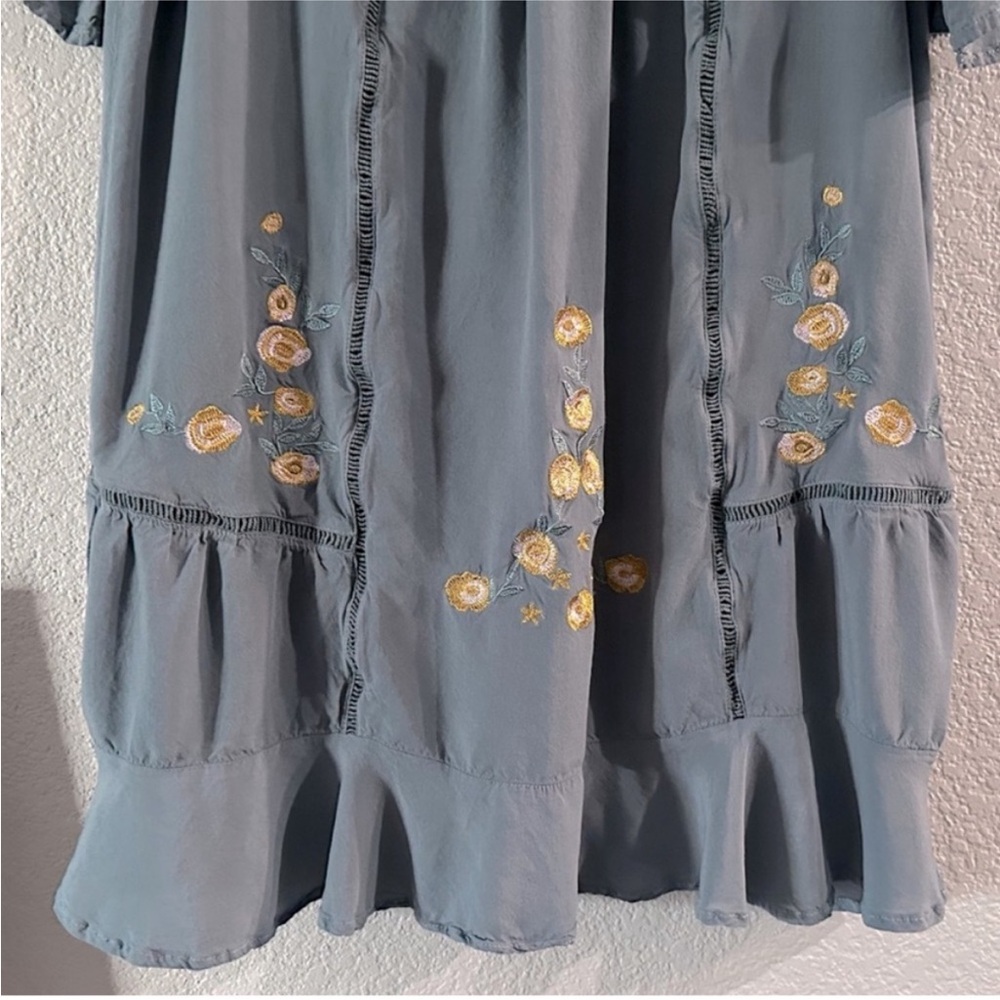 Blue Rain Dusty Blue & Yellow Embroidered Ruffle Mini Dress Size Medium - Picture 6 of 14